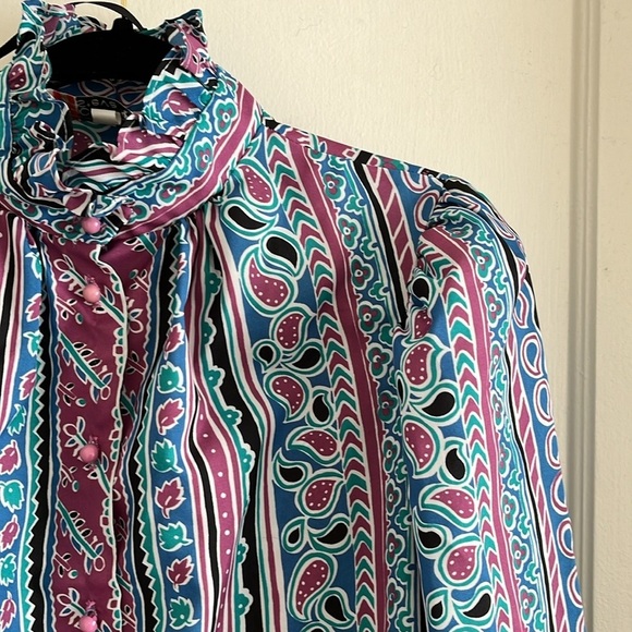 Cristin Stevens Vintage High Neck Lightweight Paisley Stripe Ruffle Blouse Top - Picture 6 of 14
